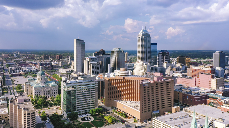 Aerial view of Indianapolis downtown with Statehouse in Indiana
