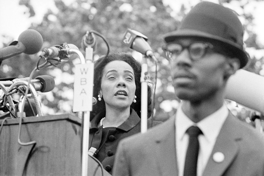 Activist Coretta Scott King Speaking at Microphones
