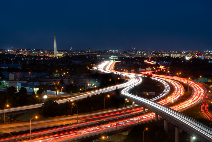 Top view of Washington DC downtown skyline and traffic with United states Capitol, Washington monument, Lincoln memorial and Thomas jefferson memorial in USA.