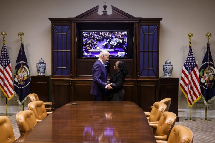 WASHINGTON, DC - APRIL 7: President Joe Biden congratulates Ket