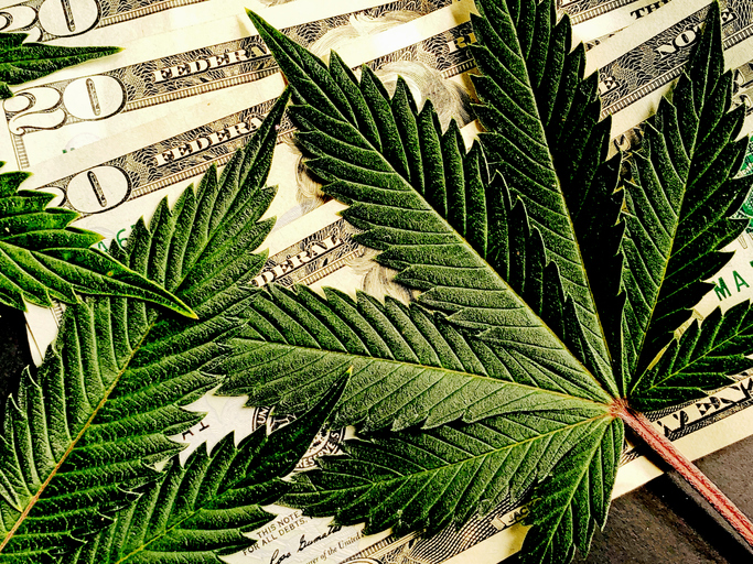 Cannabis leaf over twenty dollar bills background