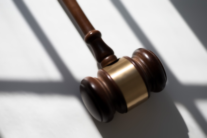 judge’s traditional wooden gavel on white background & shadow detail