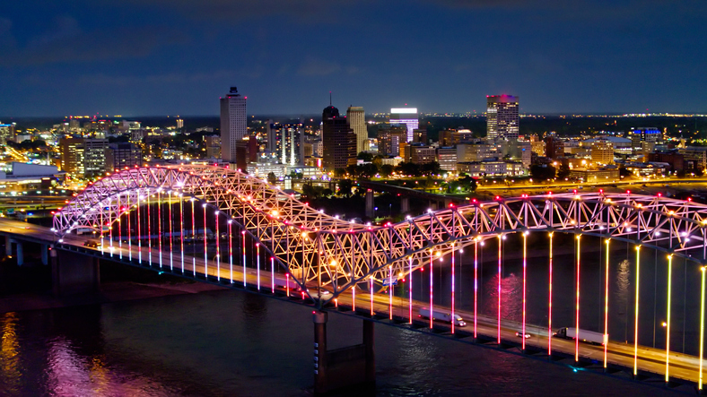 Light Show on Hernando de Soto Bridge with Downtown Memphis Beyond - Aerial