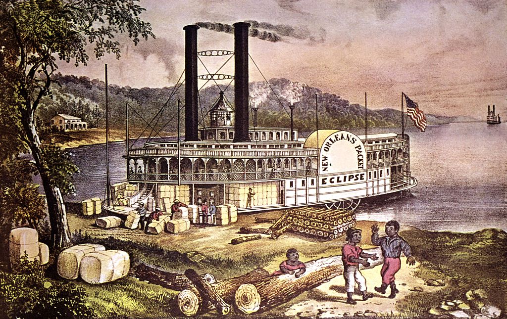 Lithograph by Currier and Ives. Cotton is loaded on a paddle wheel boat on the Mississippi river
