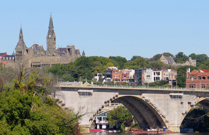 Skyline of Georgetown including the Key Bridge from the Potomac River, Georgetown, Washington DC