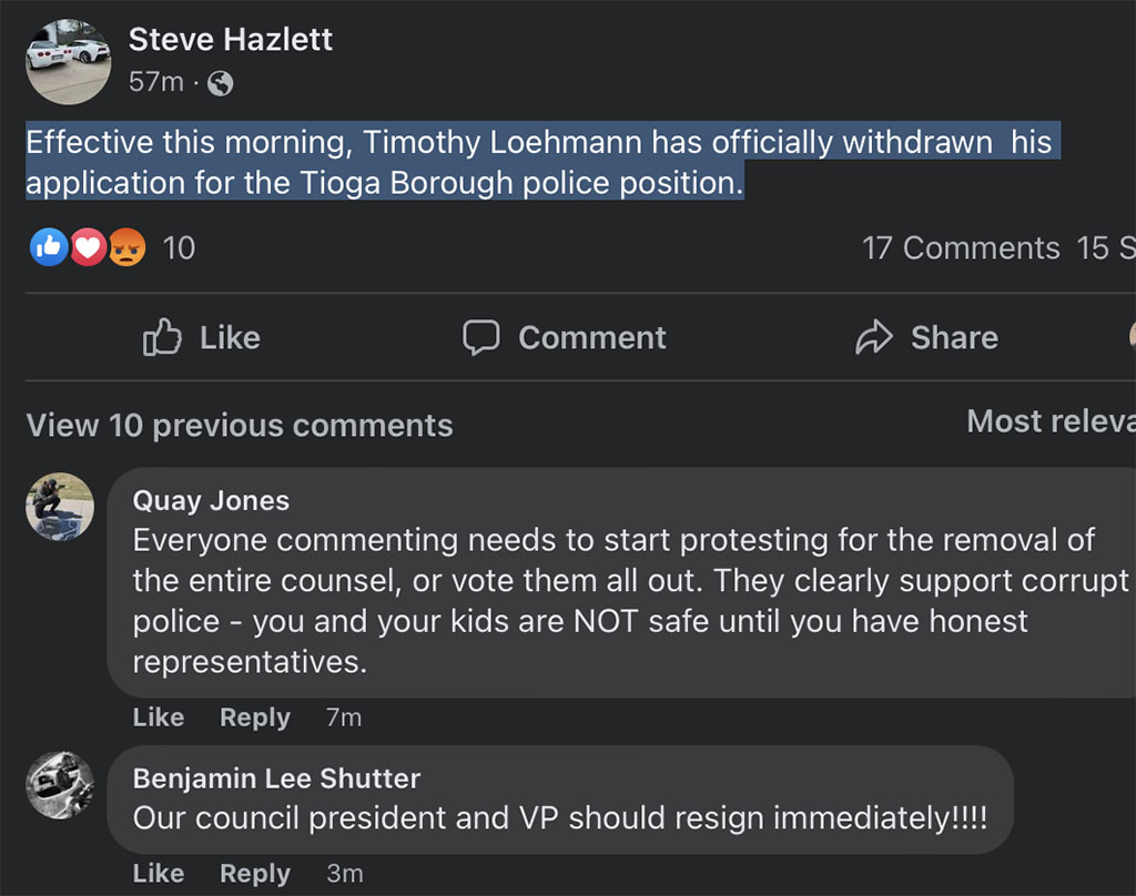Tioga Borough Council President Steve Hazlett's deleted Facebook post claiming Timothy Loehmann had withdrawn his application to be a police officer there