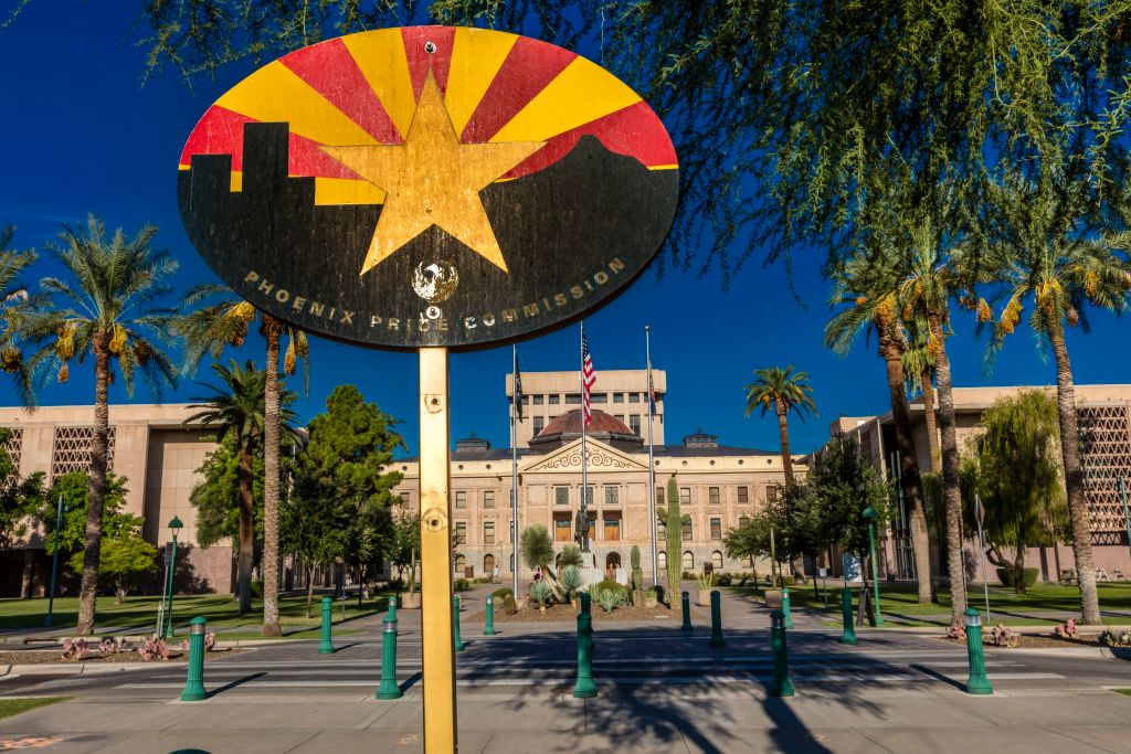Arizona State Capitol Building at sunrise, Phoenix, State Flag