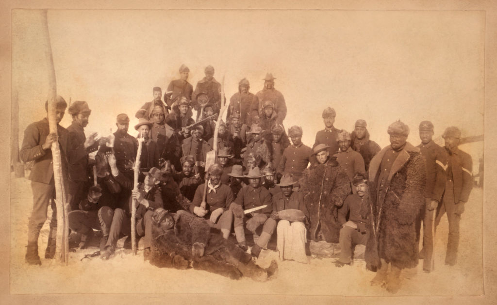 Buffalo Soldiers of the 25th Infantry, Some Wearing Buffalo Robes, Fort Keogh, Montana, USA, Christopher Barthelmess, William A Gladstone Collection of African American Photographs, 1890