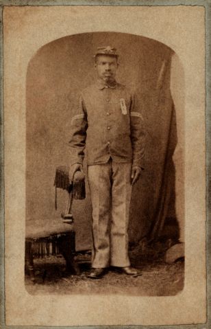 African-American Man, Possibly a Buffalo Soldier, Full-Length Portrait, Cantonment, Indian Territory, Mosser & Snell, 1860s