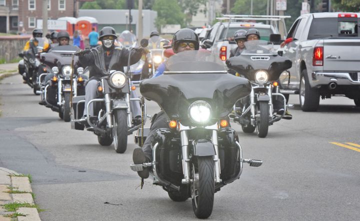(Boston,MA 07/15/17) Riders head down River St. on Saturday, July 15, 2017 while taking part in the annual Buffalo Soldiers motorcycle ride to benefit The Spark Center. Staff photo by Patrick Whittemore.
