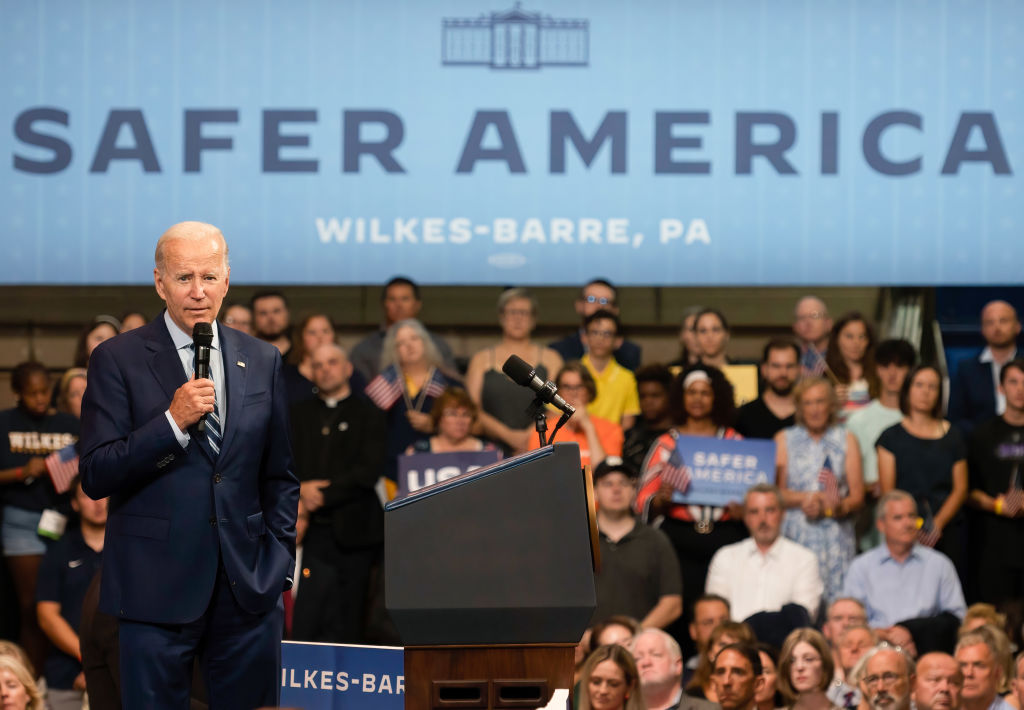 President Joe Biden speaks at a Safer America rally,...