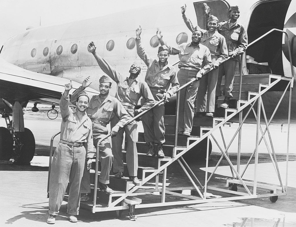 Tuskegee Airmen Waving on Gangway
