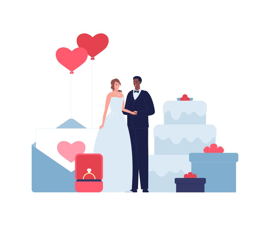 Marriage diversity character set. Vector flat design people wedding illustration. Heterosexual mixed ethnic couple of bride in dress and african groom in tuxedo. Cake, heart shape balloon, ring symbol