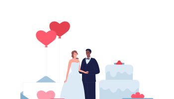 Marriage diversity character set. Vector flat design people wedding illustration. Heterosexual mixed ethnic couple of bride in dress and african groom in tuxedo. Cake, heart shape balloon, ring symbol