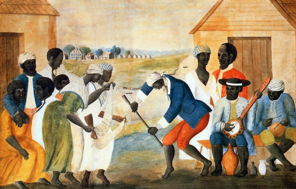 USA: 'The Old Plantation' (Slaves Dancing on a South Carolina Plantation), watercolour on paper, attributed to John Rose, c. 1785-95. Abby Aldrich Rockefeller Folk Art Museum, Williamsburg, Virginia, USA