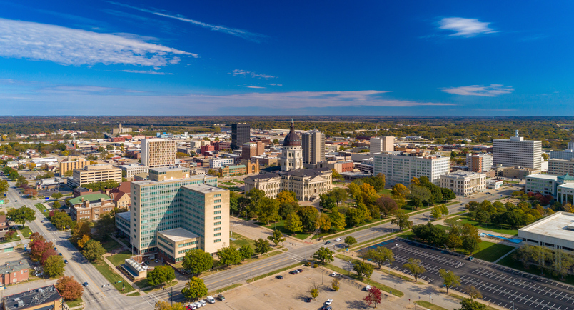 Kansas, Topeka Aerial Skyline View With State Capitol Building