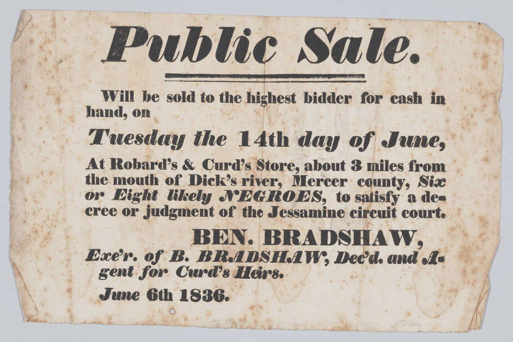 Broadside Announcing The Sale Of Enslaved Persons In Mercer County