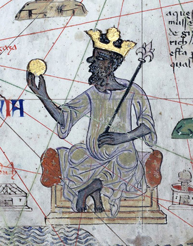 Spain/Catalonia: Mansa Musa, King of Mali, holding a sceptre and a piece of gold as represented in the Catalan Atlas, by the Jewish illustrator Cresques Abraham, 1375