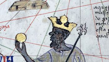 Spain/Catalonia: Mansa Musa, King of Mali, holding a sceptre and a piece of gold as represented in the Catalan Atlas, by the Jewish illustrator Cresques Abraham, 1375