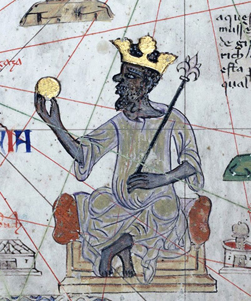 Spain/Catalonia: Mansa Musa, King of Mali, holding a sceptre and a piece of gold as represented in the Catalan Atlas, by the Jewish illustrator Cresques Abraham, 1375