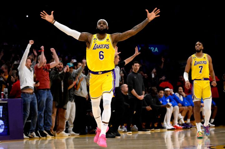 LeBron James #6 of the Los Angeles Lakers sets the All time scoring record.