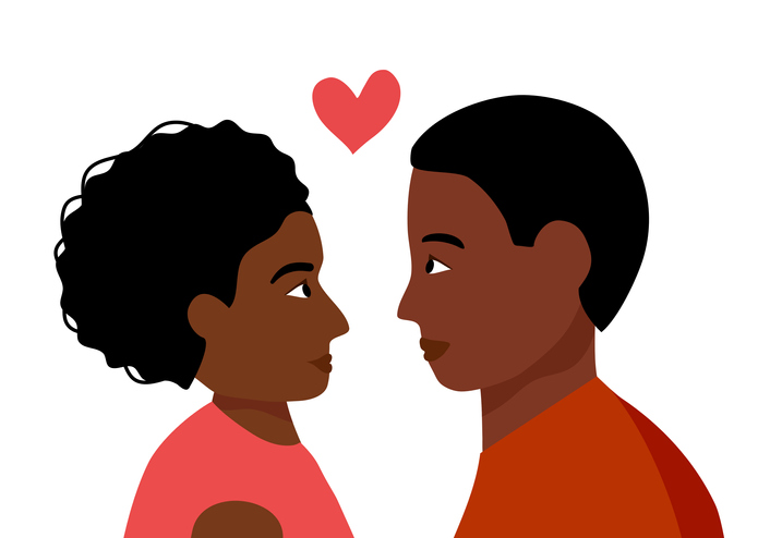 Black man and woman loving couple with heart shape on background. African American lover in flat design. Valentine’s Day concept.