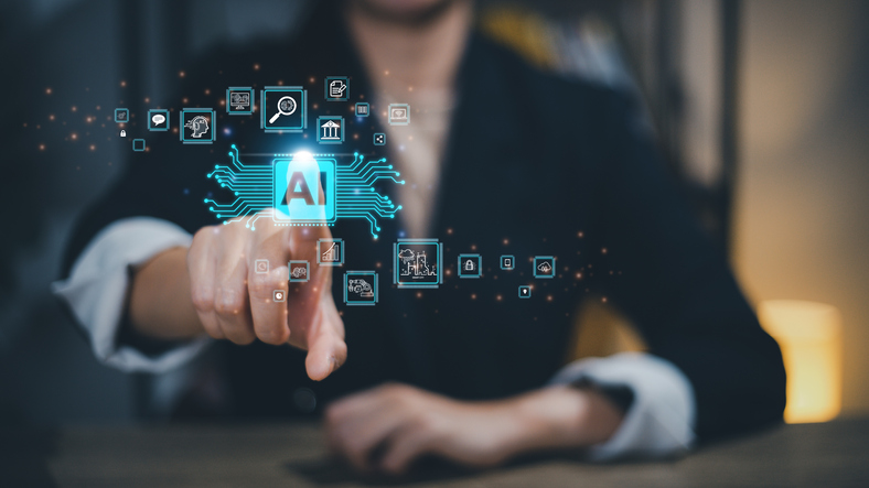 Technology and people concept women use AI to help work, AI Learning, and Artificial Intelligence Concepts. Business, modern technology, internet, and networking concept. AI technology in everyday life.