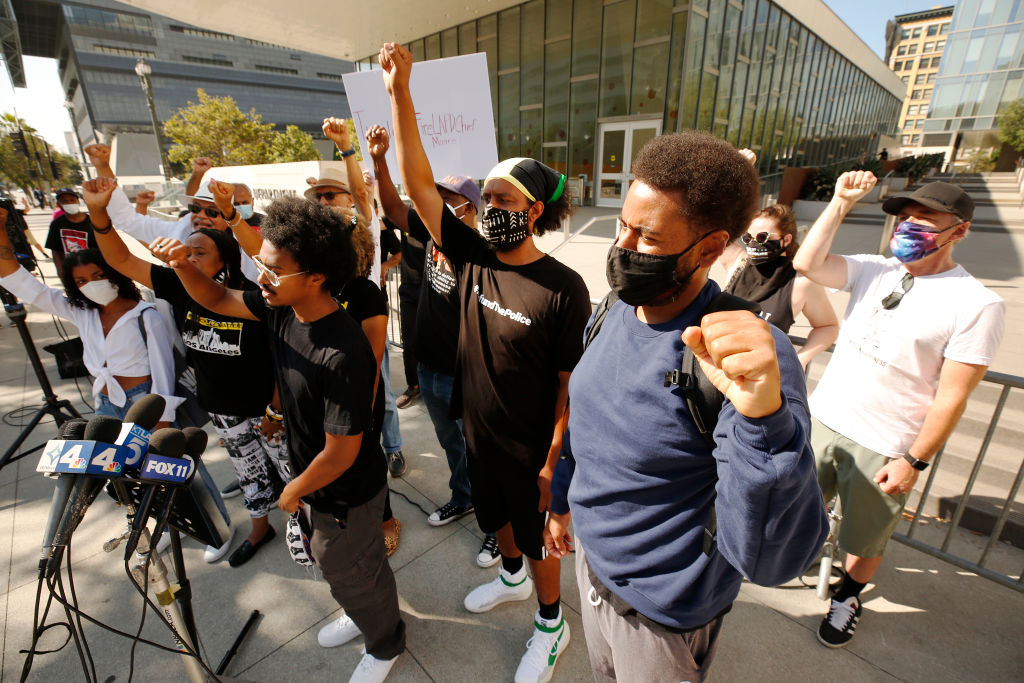 Members of Black Lives Matter-LA along with community members directly impacted held a press conference to demand answers and full reparations due to blatant disregard of life and property by the Los Angeles Police Department (LAPD) in their callous and de