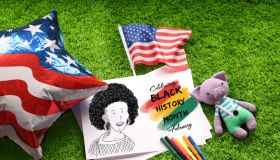 Black history month сhildren's drawing. African heritage . Celebrate Black Freedom. USA Flag