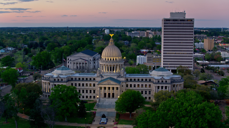Mississippi State Capitol at Dusk - Aerial Shot