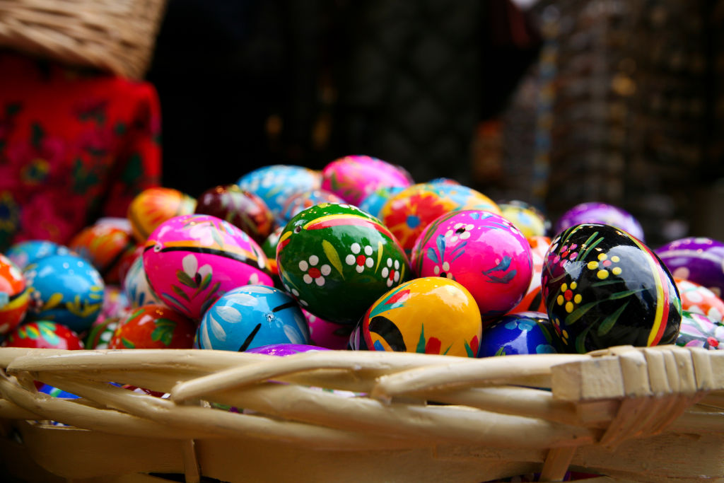 Traditional Decorative Easter Eggs And Palm Trees In Krakow