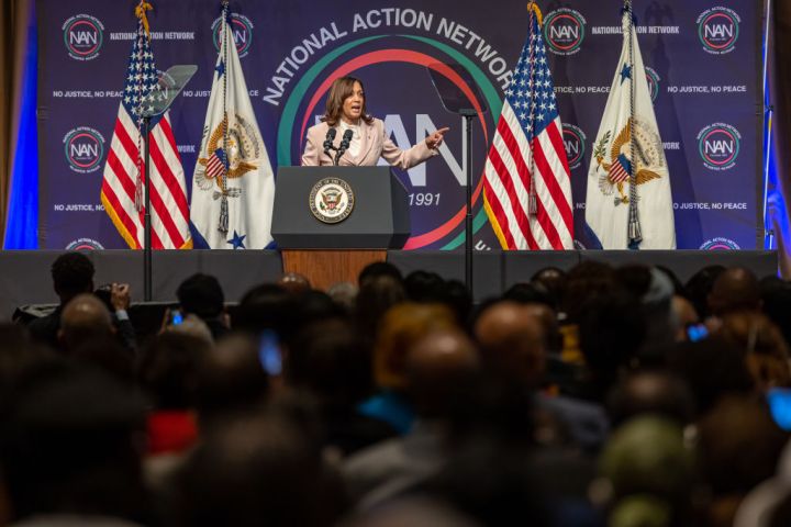 US Vice President Kamala Harris speaks at the National...