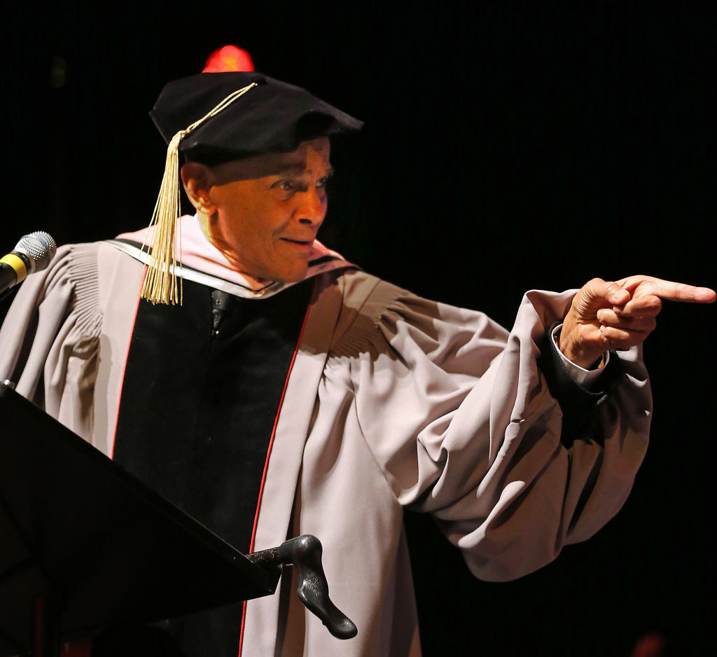 ( Boston, MA,03/06/14) Harry Belafonte points to a fellow collegue as he said something to the effect of "after this, i am going back to my room and smoke a joint" as he is awarded an honorary doctorate of Music from Berklee School of Musi