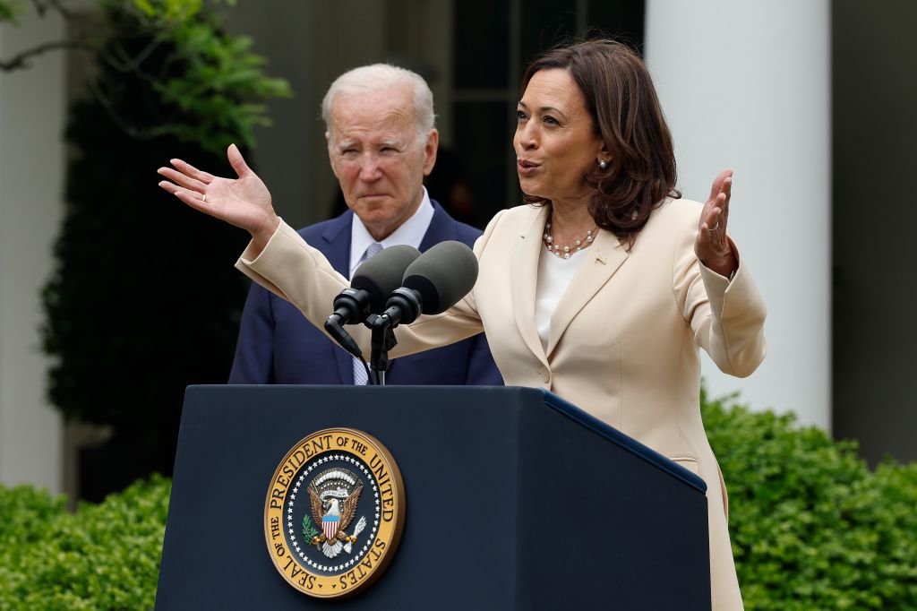 Kamala Harris delivers remarks with President Joe Biden