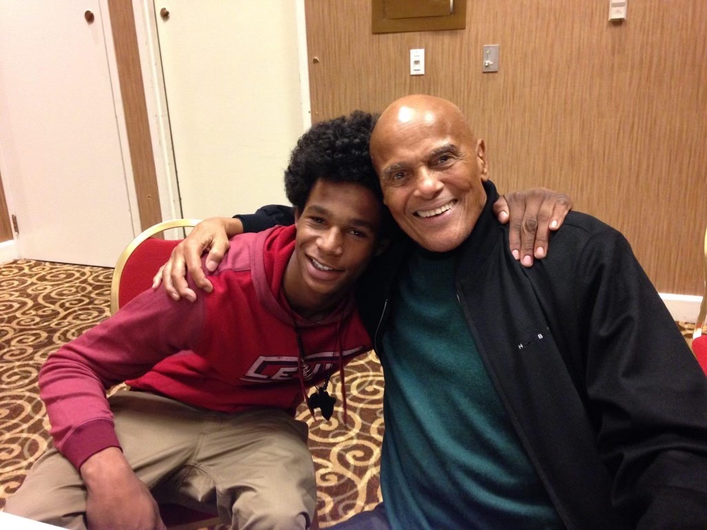 Harry Belafonte meets young protestor Lowkey in Ferguson in 2014.