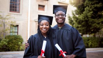 Black people, portrait or graduation diploma in school ceremony, university degree success or college certificate goals. Smile, happy friends or graduate students on education campus for award event