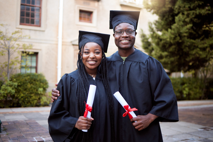 Black people, portrait or graduation diploma in school ceremony, university degree success or college certificate goals. Smile, happy friends or graduate students on education campus for award event