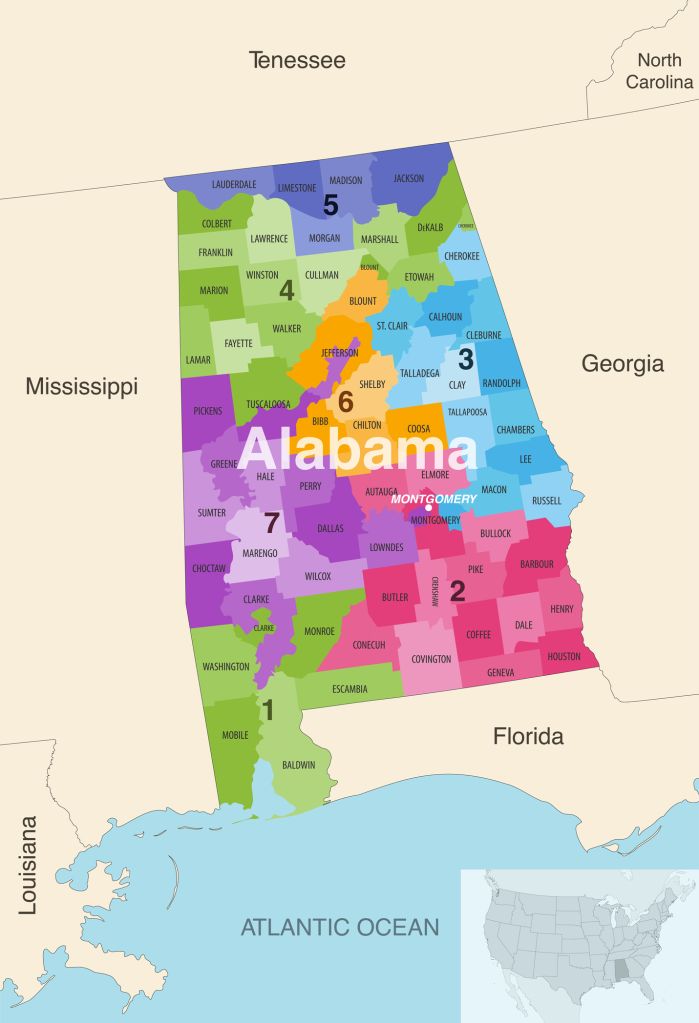 Alabama state counties colored by congressional districts vector map with neighbouring states and terrotories