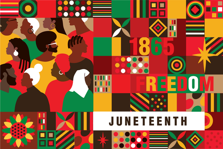 Juneteenth Freedom Day Celebration horizontal web banner geometric shapes design with crowd of people