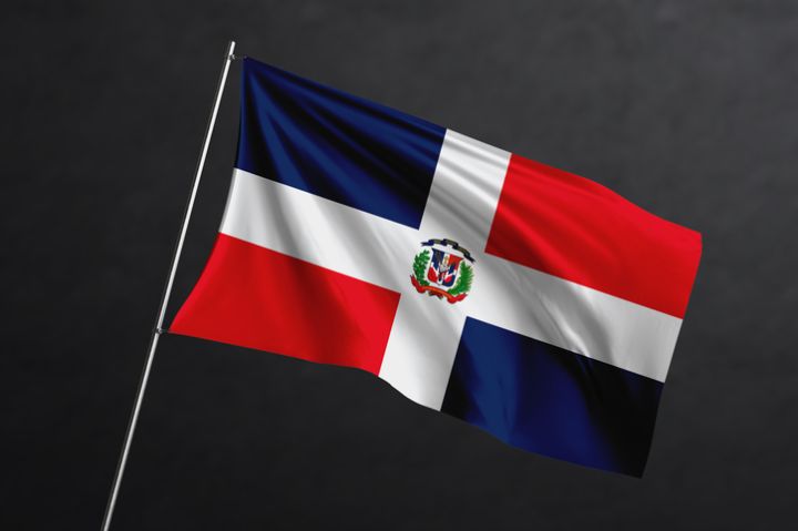3D Waving flag design. Dominican Republic National flag on black background.
