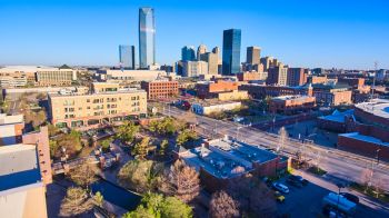 Oklahoma City in morning light from above shopping area