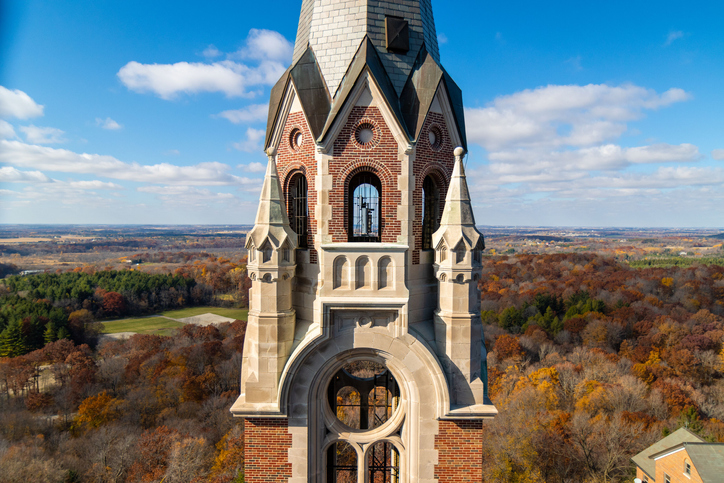 Holy Hill Basilica and National Shrine of Mary surrounded by trees in Washington County, Wisconsin
