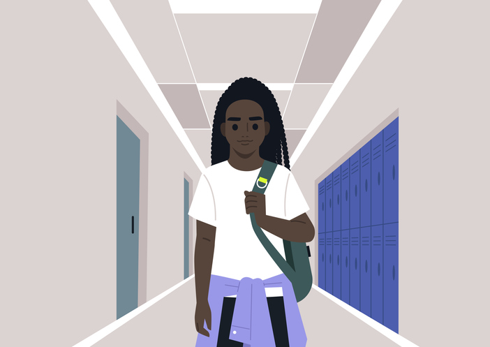 A preschooler with a backpack slung over one shoulder, walking down a school corridor, with classroom doors and lockers as the backdrop