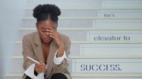 African american woman sitting on staircase with feeling depress after working hard at office. Young businesswoman sitting on stairs having sad and depressed