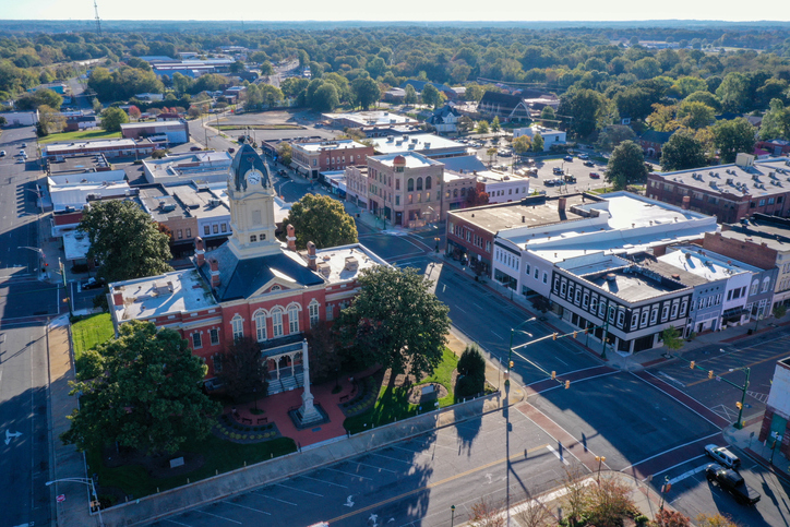 Aerial view of the Old Monroe Court house in NC
