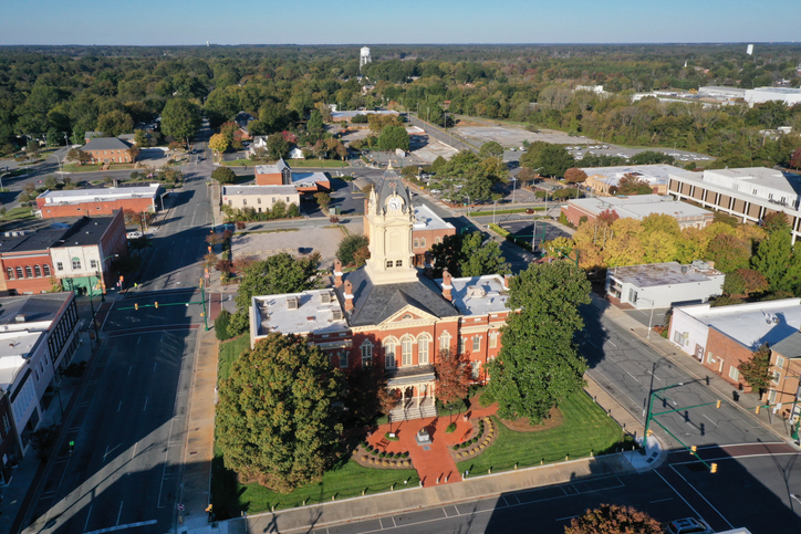 Aerial view of the Old Monroe Court house in NC