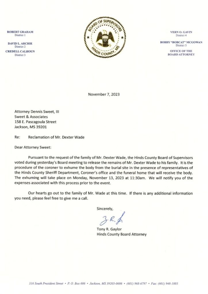 Hinds County exhumation letter to Dexter Wade's attorney