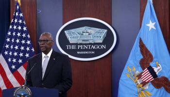 DOD Secretary Austin Holds A Press Briefing At The Pentagon
