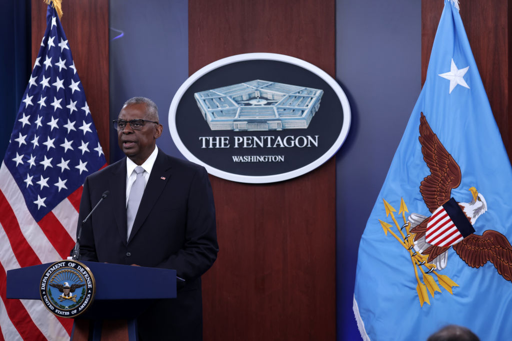 DOD Secretary Austin Holds A Press Briefing At The Pentagon