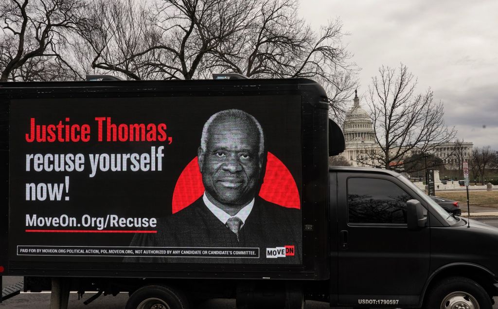 MoveOn Mobile Billboard Calling For Justice Clarence Thomas To Recuse Himself From All Cases Related To January 6 Due To His Alleged Conflicts Of Interest And Corruption